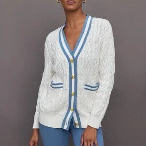 Carbon38 White and Blue Cardigan Sweater cable knit